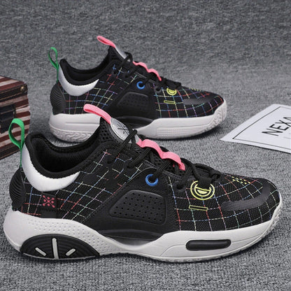 Cotton candy coloured basketball shoes with lace-up closure and rubber soles