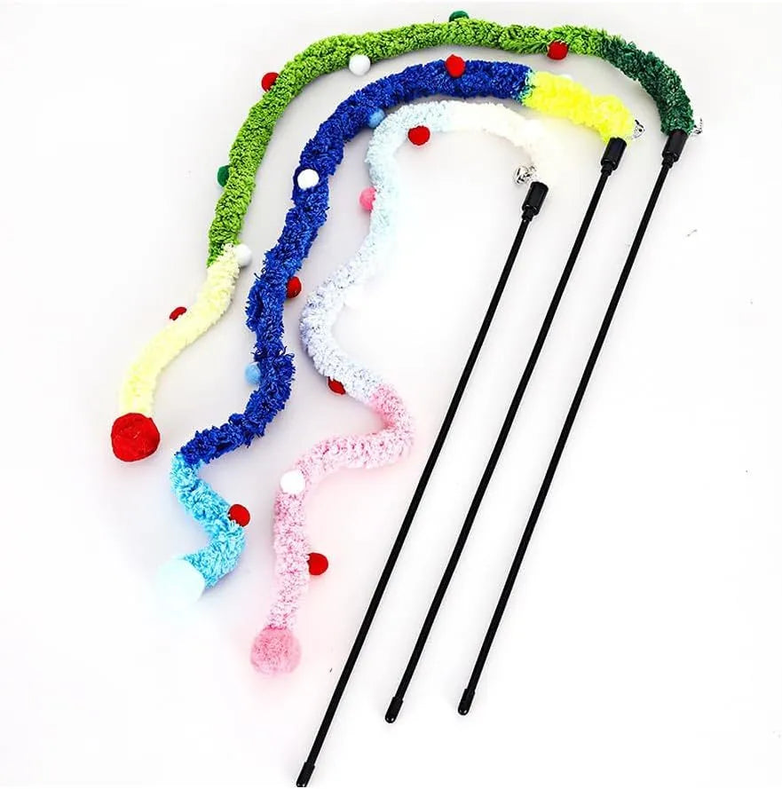 Cat teaser wand with long plush strip and colourful ball with bells for interactive indoor play