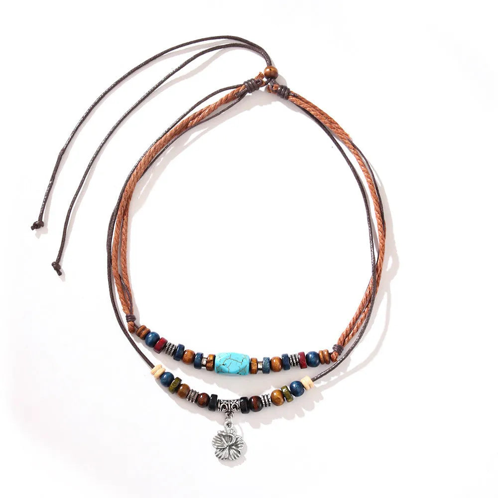 Men's wooden bead necklace with geometric alloy pendant and turquoise wax rope cord