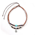 Men's wooden bead necklace with geometric alloy pendant and turquoise wax rope cord