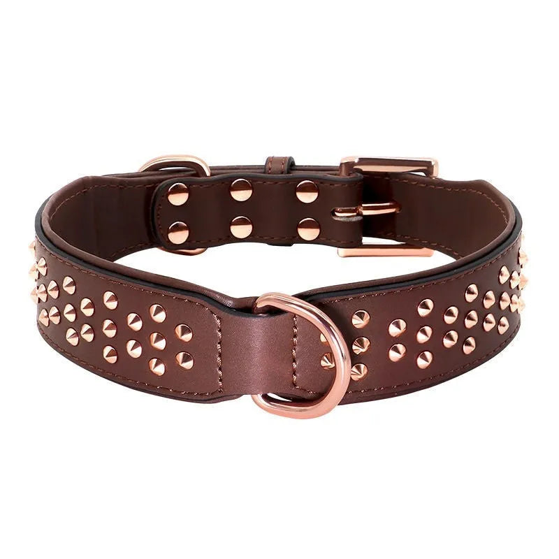Leather dog collar with metal rivets in black, chocolate, or pink.