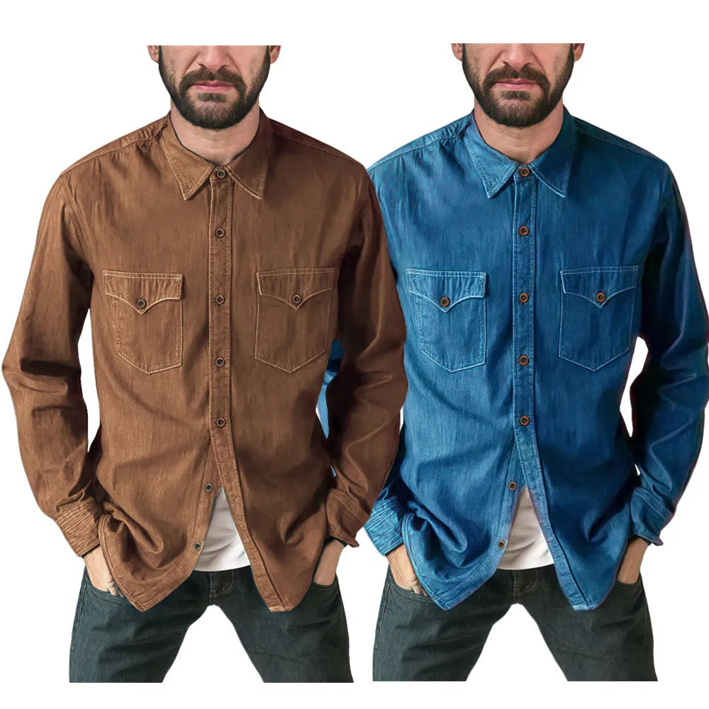 A regular-fit denim cardigan coat shown in khaki, available in multiple sizes.