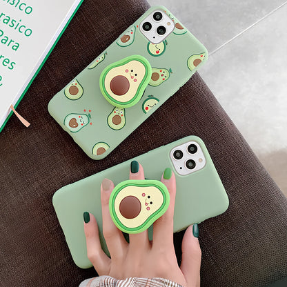 Green avocado pattern silicone iPhone case with metal ring stand attached to back