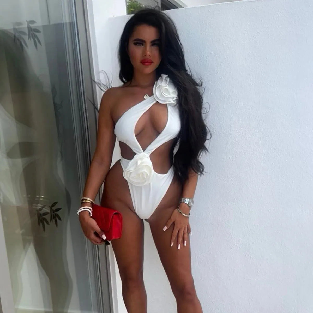 Women's hollow out one piece swimsuit short skirt set, solid colour, red swimsuit with red skirt