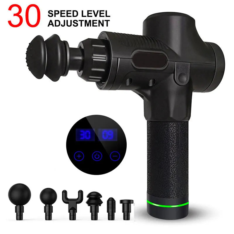 Fascia massage gun with six massage heads, 30-speed control, black colour, rechargeable battery