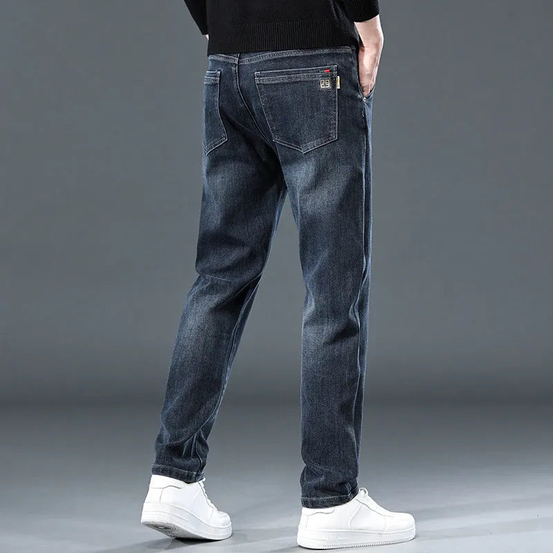 Men's slim straight casual trousers in blue gray with micro elasticity and pencil pant style