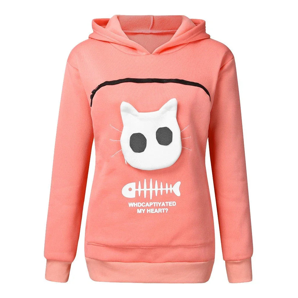 Women's cotton hoodie with unique cat pet pocket design in various colours