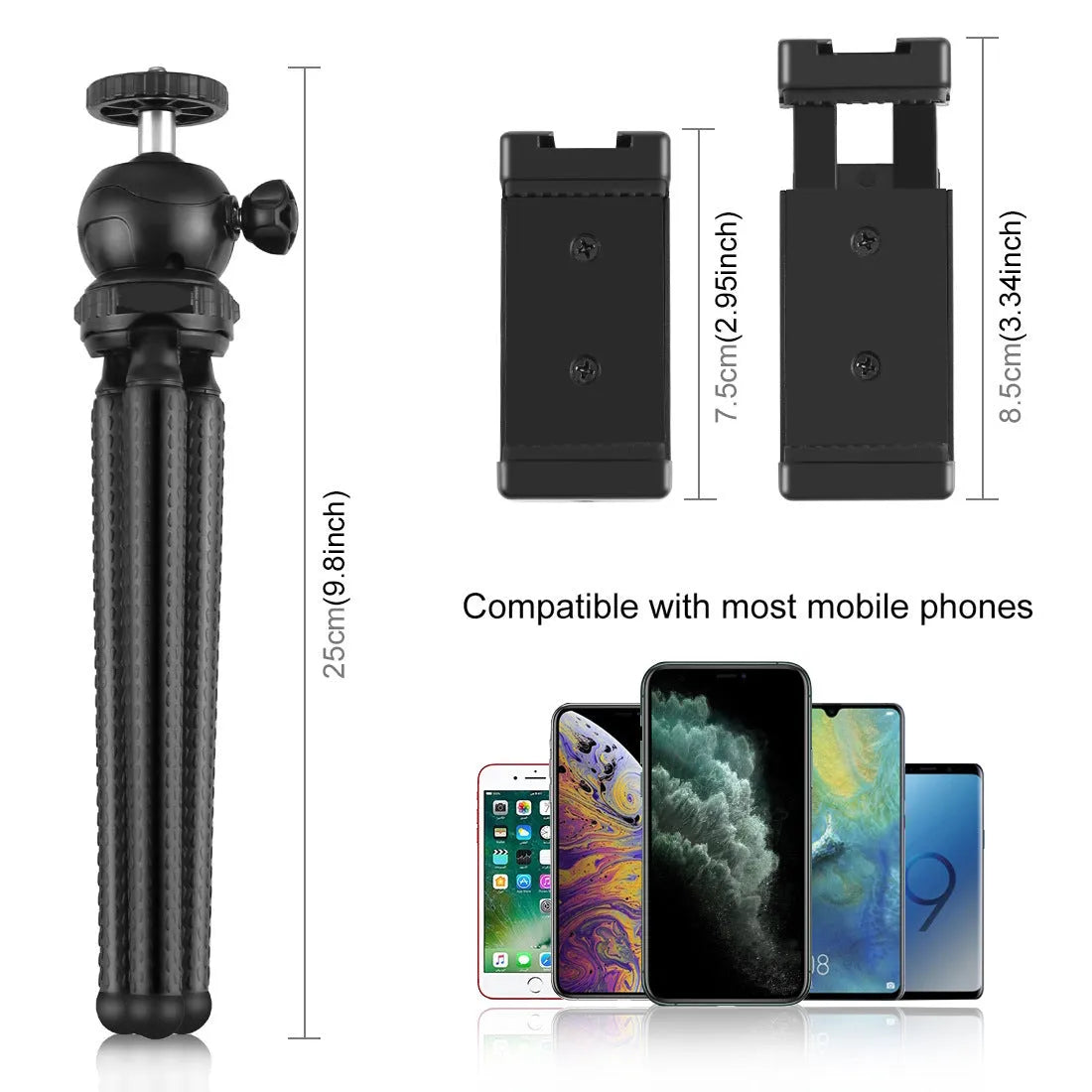 Black octopus-style flexible tripod kit with attached fill light and microphone for live broadcasting.