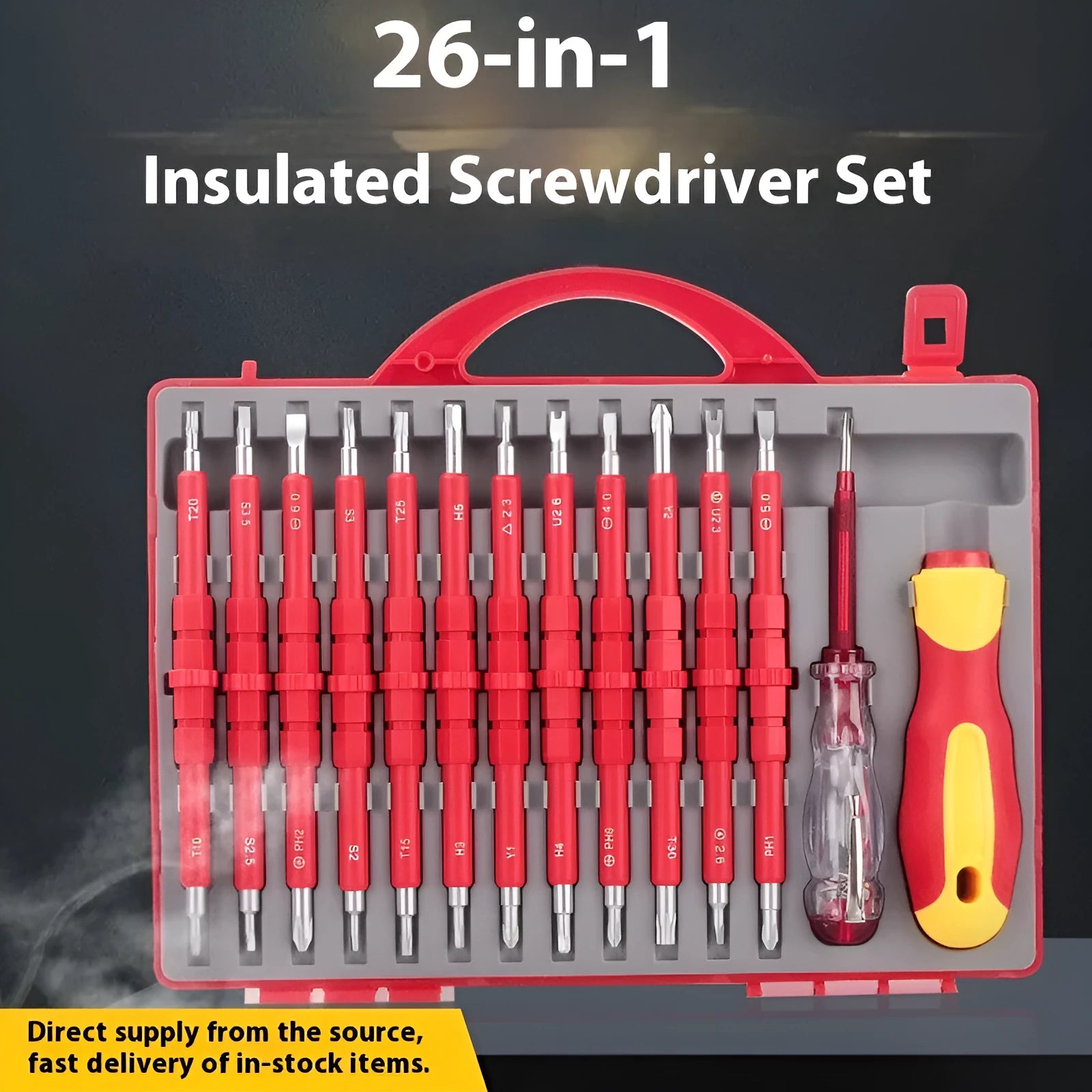 26-in-1 electrician screwdriver set with red plastic handle, magnetic Cr-V steel bits, and T20 cutter head on a white background