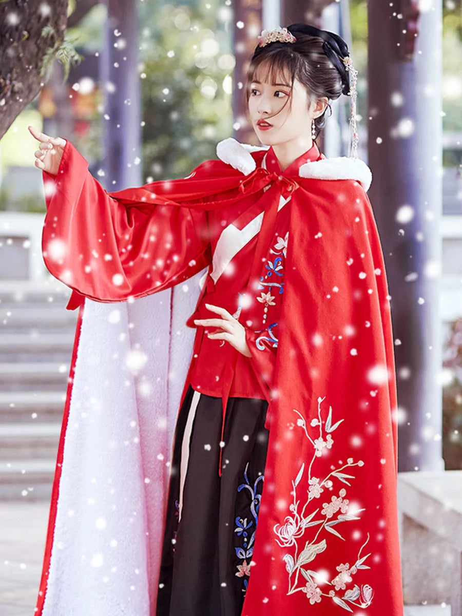 Traditional Hanfu Costume Set in Black Red and Water Blue, sizes XS to XL