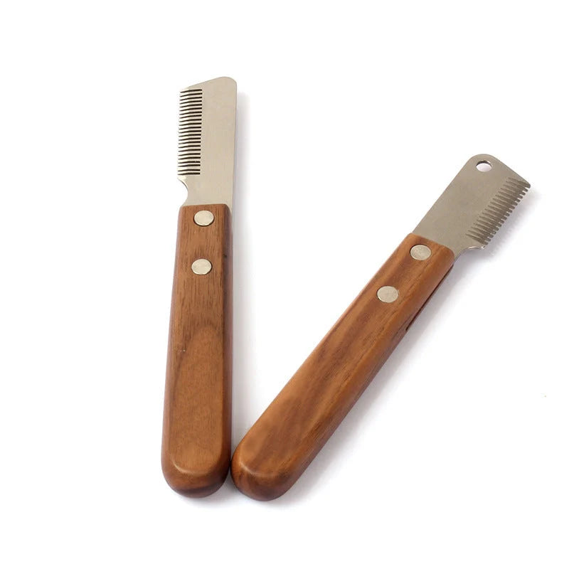 Terrier dog grooming comb with walnut wood handle and stainless steel cutter head
