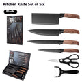 Six kitchen knives with diamond-pattern 2CR13 steel blades and wood grain handles laid out on a surface