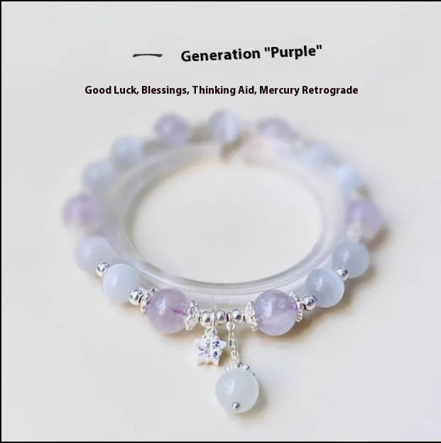 Handmade opal amethyst crystal bracelet with a cute moon shape charm.
