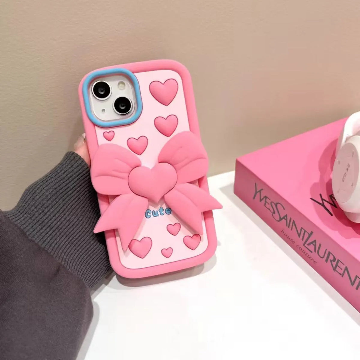 Pink 3D bracket bow heart silicone phone case for iPhone with hidden holder on the back
