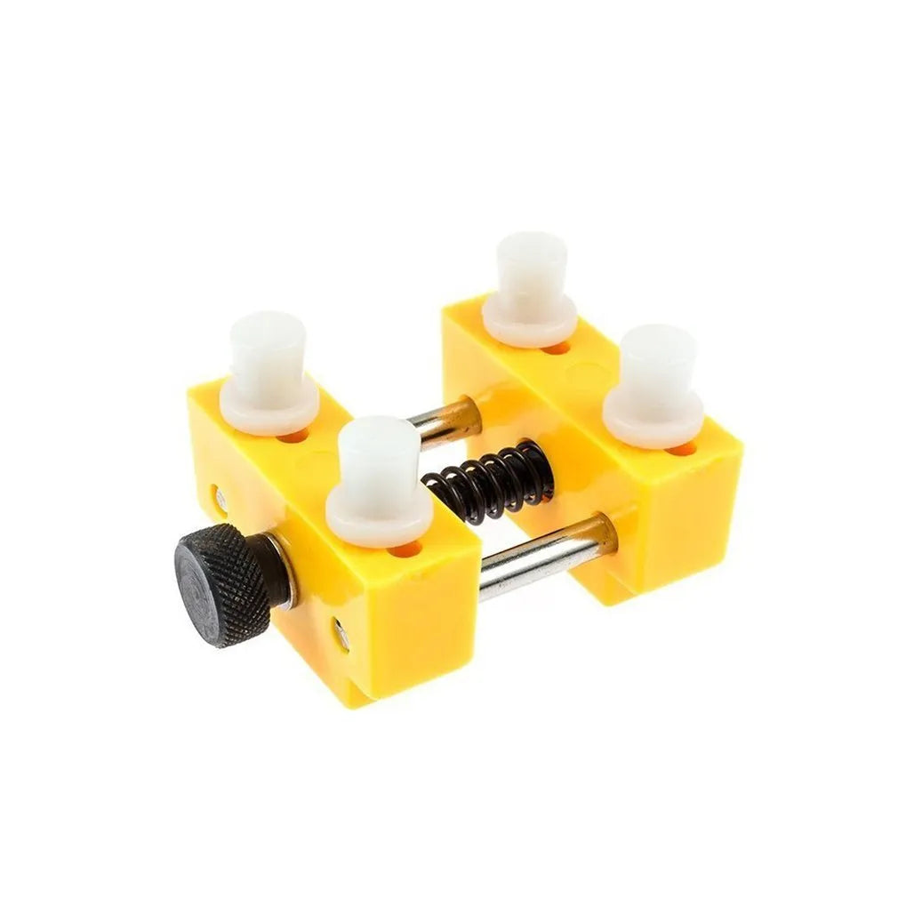 Yellow plastic watch case opener tool and fixing base set for watch repair and battery changes