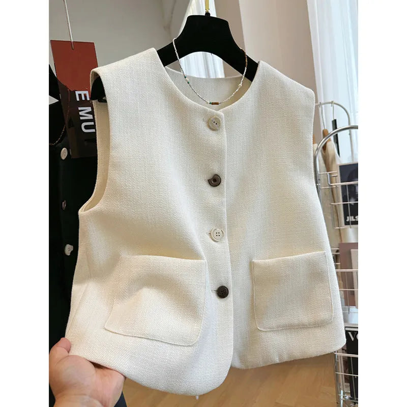 Women's French-style polyester bandage vest dress in milky white colour with round neck and sleeveless design
