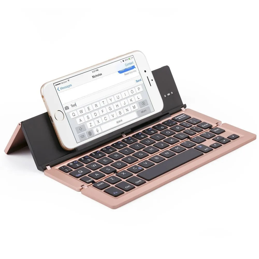 F18 three-fold folding Bluetooth keyboard in silvery finish, folded state, with aluminum alloy body