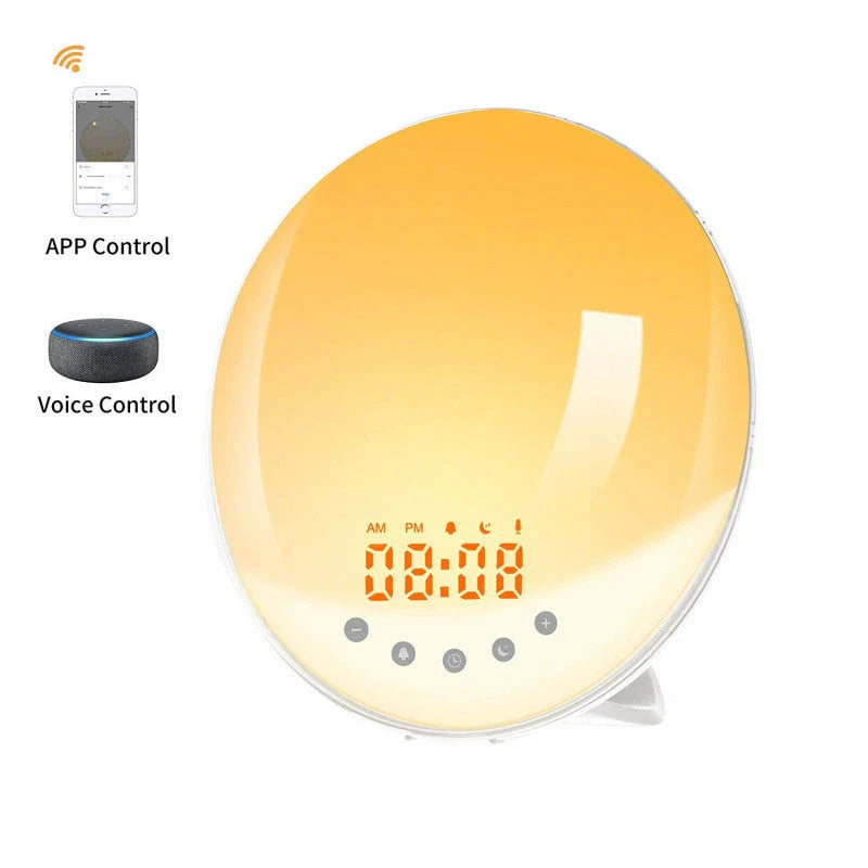 Sunrise alarm clock with gradual lighting, nature sounds, and colour customization