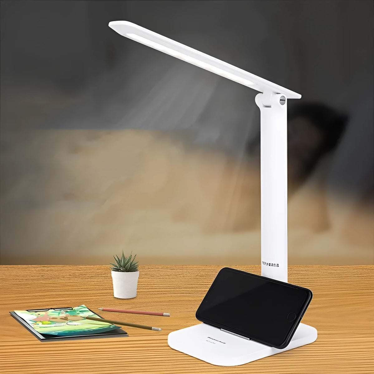 LED eye protection desk lamp with touch switch, USB cable, rechargeable model WD-6056 on a desk