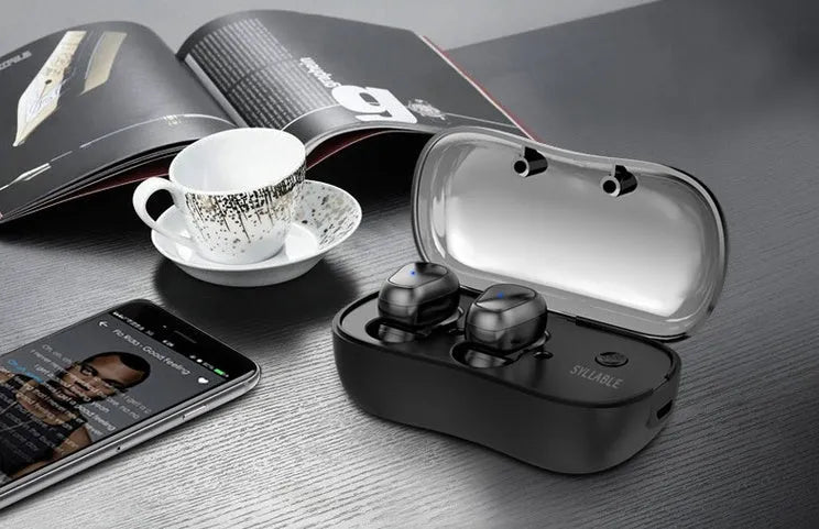 Black TWS wireless sports earbuds displayed next to their compact mini charging case.