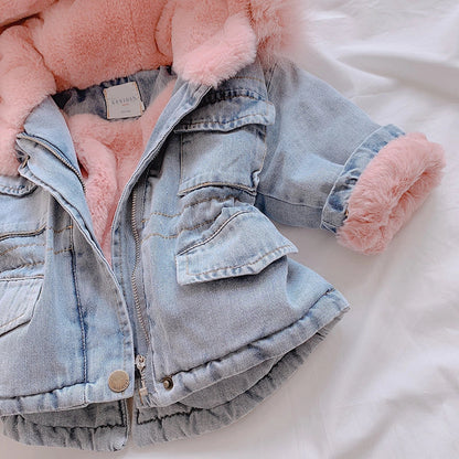 Girl denim coat in blue and pink with plus velvet lining and attached hat