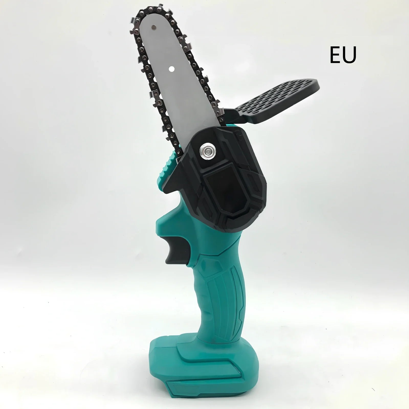 Black 4-inch rechargeable electric chainsaw with steel chain and bare metal body for garden pruning, 1000W power