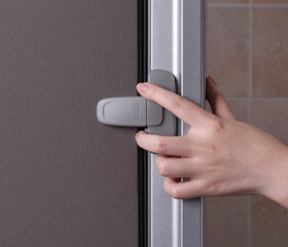 Child safety refrigerator lock in white and grey, featuring a T-type double button mechanism