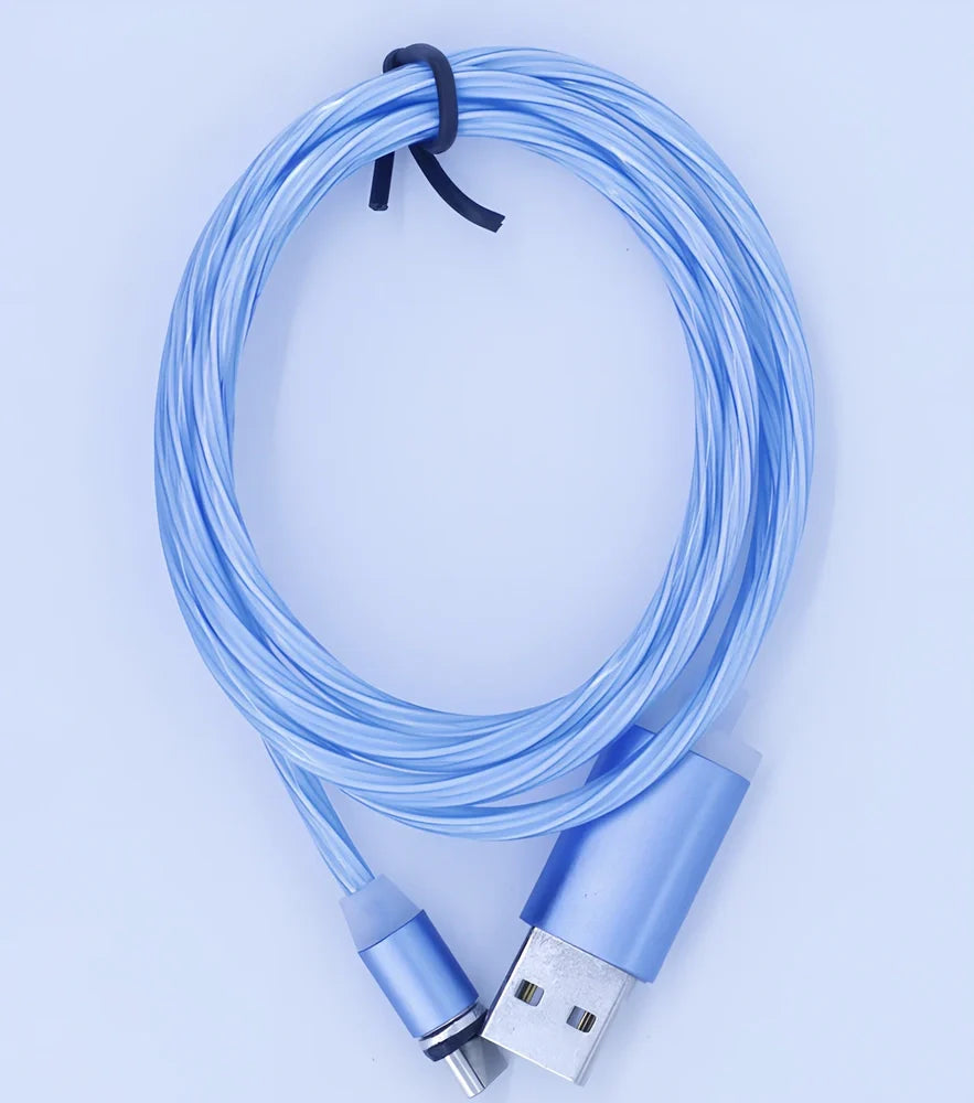 1m blue luminous magnetic USB Type C charging cable for iPhone Samsung Huawei with glowing flow design