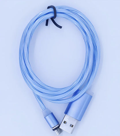 1m blue luminous magnetic USB Type C charging cable for iPhone Samsung Huawei with glowing flow design