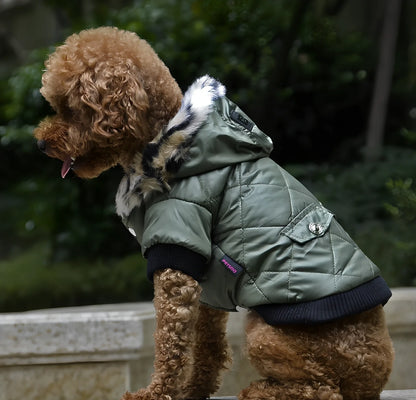 Black fur collar dog coat in M size, hooded with buttons, polyester fleece for winter warmth, 28cm back length