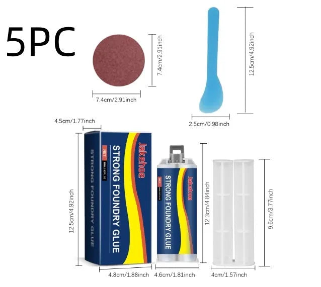 85ml tube of waterproof metal glue sealant with scraper, sandpaper, and push rod for epoxy repairs.