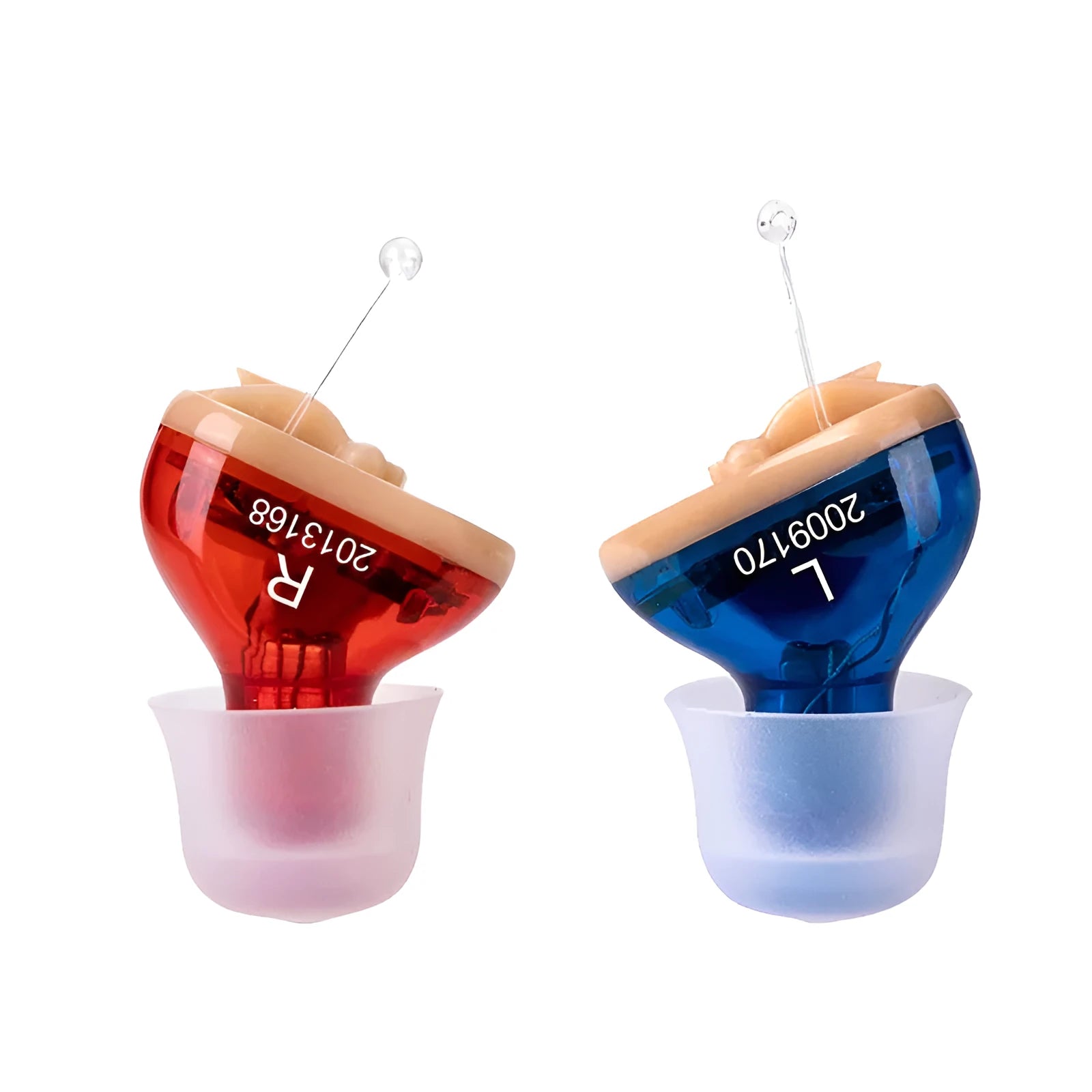 Q10 red and blue CIC mini hearing aids with ear tips, cleaning brush, batteries, and adjustment tool.