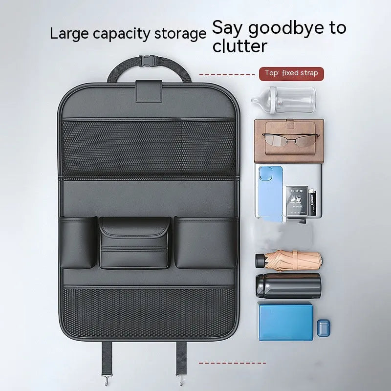 Waterproof leather car seat lazyback storage bag with foldable dining table, shown in black.