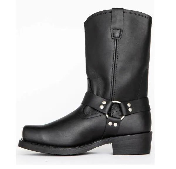 Men's high top cowboy boots with belt buckle ring accents in Western style