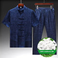 Traditional mulberry silk men's Tang suit in light green, navy, or white with mandarin collar