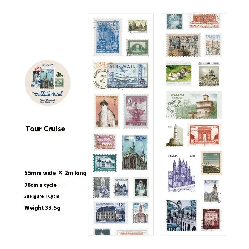 Retro DIY journal decoration coated paper stamp sticker roll showing 55mm width and sample designs from four collections