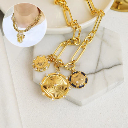 Gold sun pendant necklace with stainless steel chain, adjustable length 41cm to 50cm