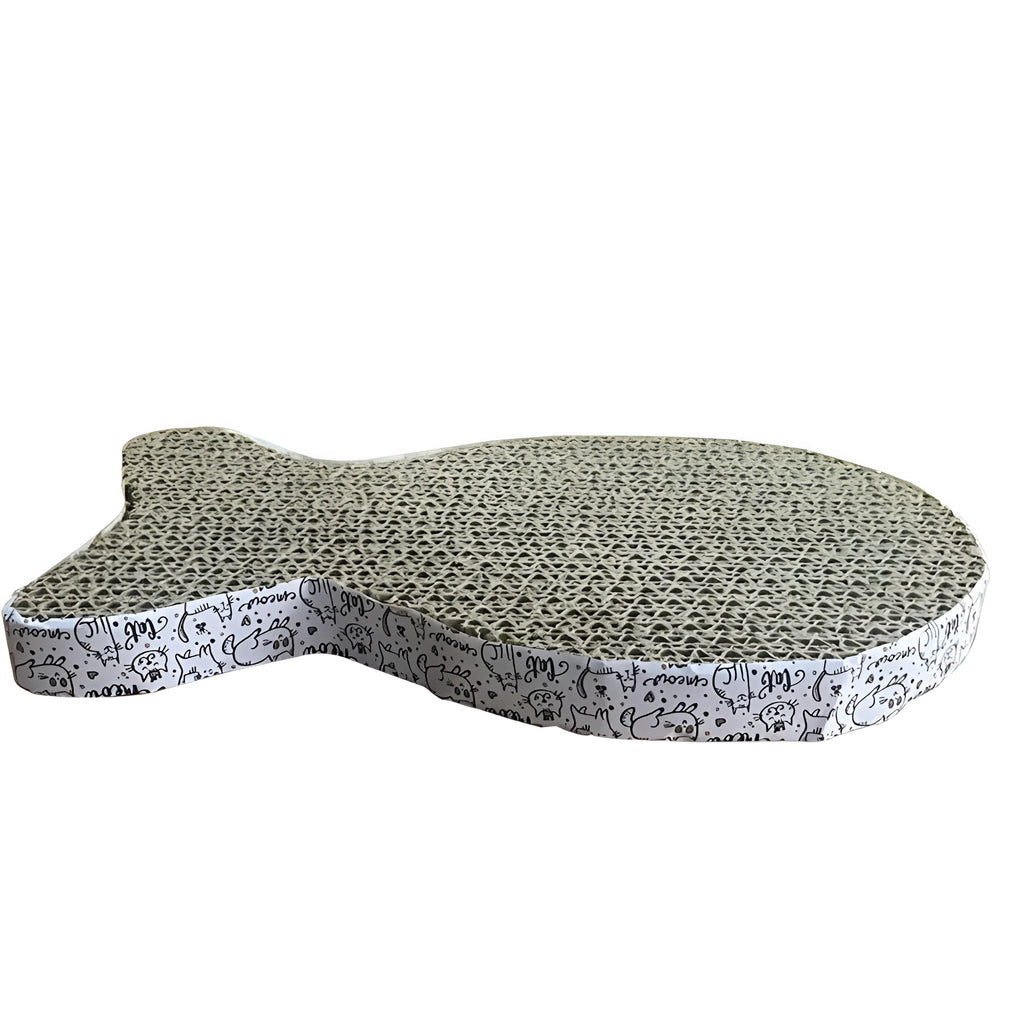 Three cat scratcher shapes: fish, butterfly, and cat head in corrugated paper