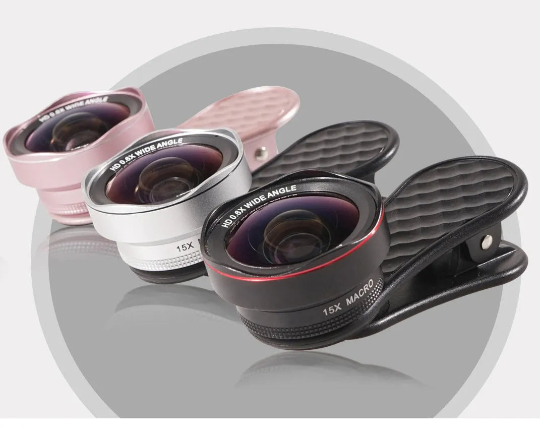 Black silver and rose gold mobile phone clip-on wide-angle and macro camera lens kit with storage case