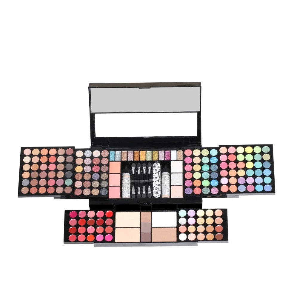 120 colour matte eyeshadow palette showing pink, purple, brown, and blue shades in organised case