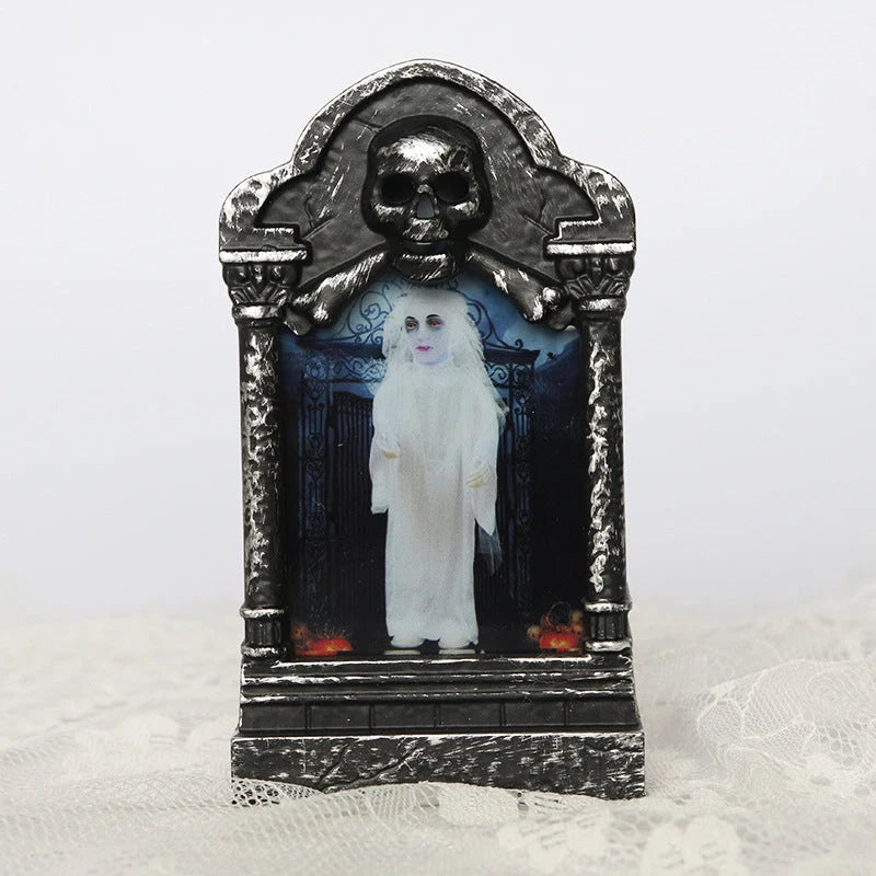 Halloween Tombstone Lamp with flickering LED skull candle for spooky decor