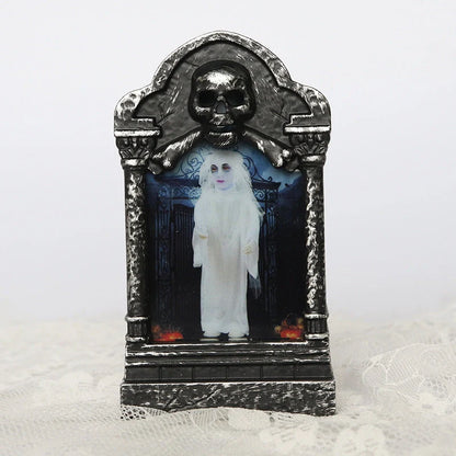 Halloween Tombstone Lamp with flickering LED skull candle for spooky decor