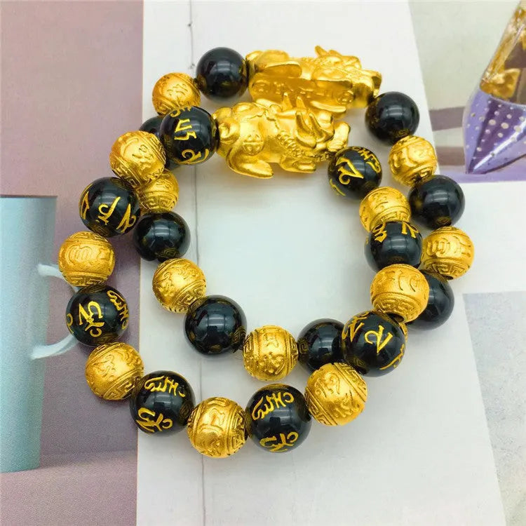 Vietnamese sand gold gold-plated brave bracelet with black beads, unisex design