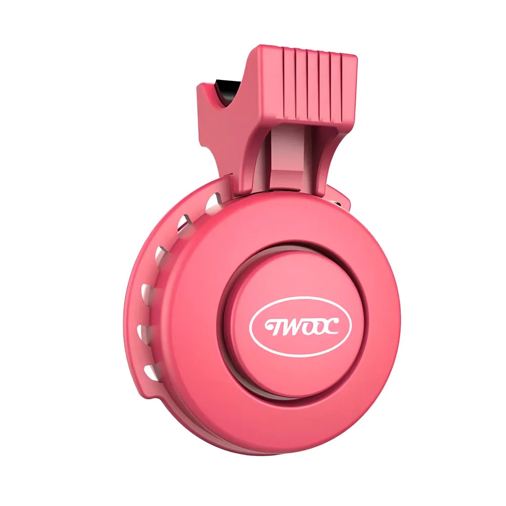 Compact black TWOOC T-002 bicycle electronic horn with wired switch, 110-120dB sound modes, mounted on handlebar via rubber strap