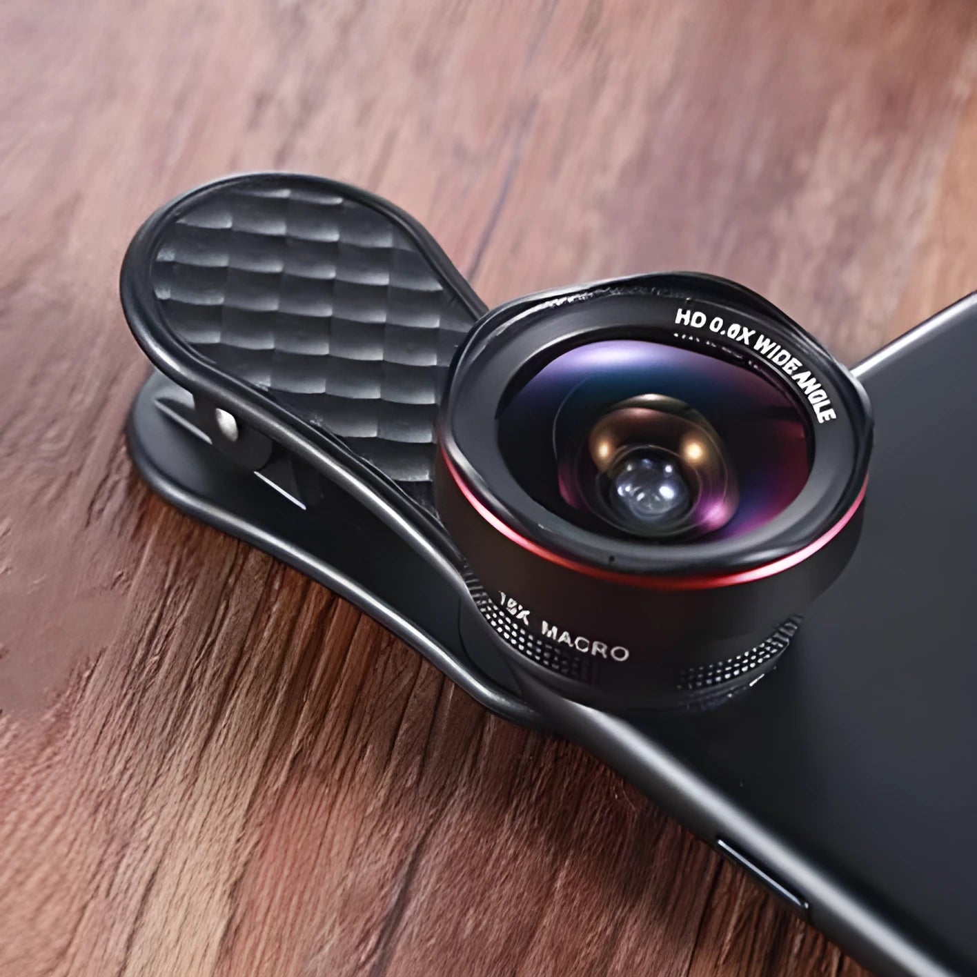 Black silver and rose gold mobile phone clip-on wide-angle and macro camera lens kit with storage case