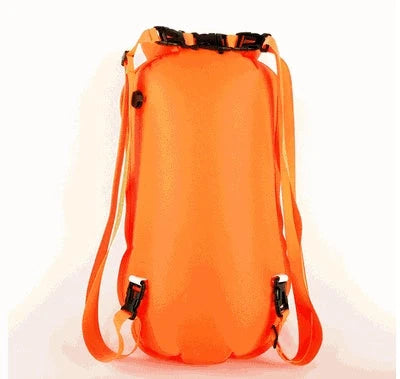 Double Airbag Swimming Buoy with detachable shoulder strap and waterproof backpack in fluorescent orange
