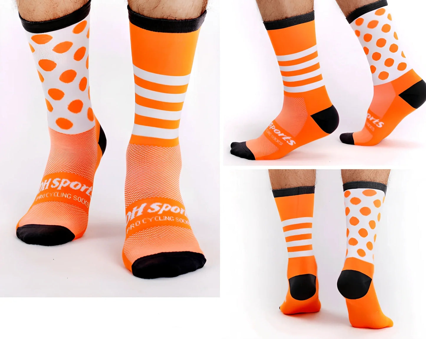 Pair of black powder compression cycling socks in size L, featuring stripe mesh pattern, 40-45cm long tube for breathable four-season support