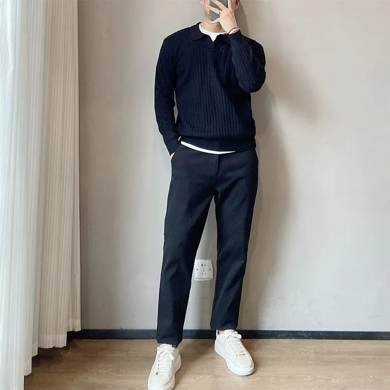 Boys loose elastic knitted sweater with lapel collar and striped texture in modal rabbit fur blend