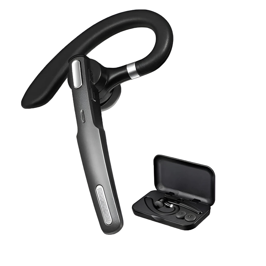 Black mono Bluetooth headset with hanging ear design and IPX6 waterproof rating