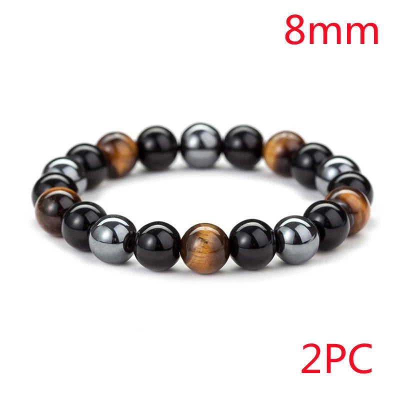 Hand-woven tiger eye stone bracelet in natural colours, showcasing unique texture and geometric design.